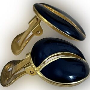 Vintage Gold-Tone Navy Enamel Clip-On Earrings